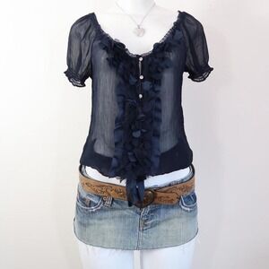 abercrombie sheer ruffle blouse navy chiffon indie sleaze y2k size S